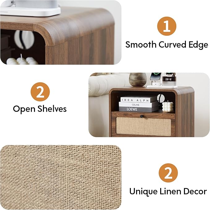 Set of 2 Night Stand with Charging Station, 19.7" Wooden Side Table Curved Nightstands with 2 Drawers & USB/Type-C Ports, Mid Century Modern End Table for Living Room, Bedroom, Nature Linen, Walnut