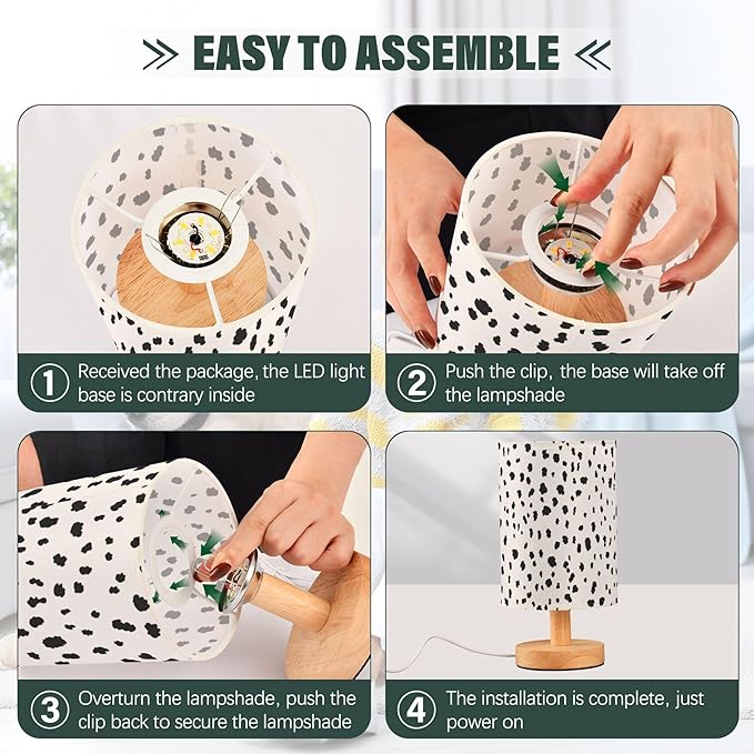 Table Lamp Dalmatian Pattern Animal Skin Print Nightstand Lamp with Wood Base Fabric Lamp Shade Bedside Desk Lamp for Living Room Bedroom Kids Room Office