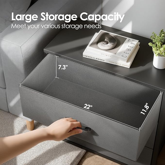 Nightstand with 3 Drawers for Bedroom, Storage Dresser with Fabric Drawers and Metal Frame for Closet, Living Room, Bedside Table with Wood Top, Easy Pull Handle, Gray