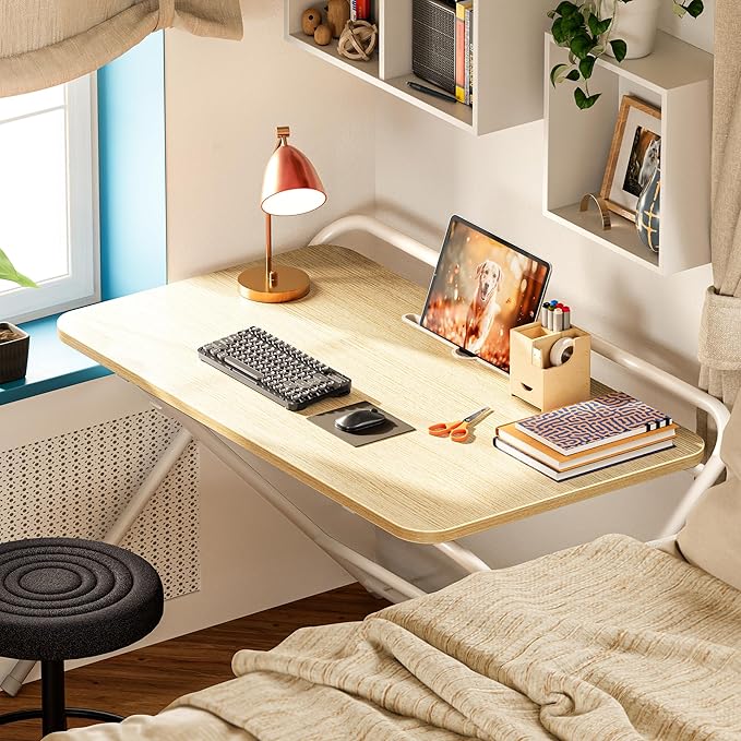 Huuger Folding Desk with 3-Level Adjustable Height and Tablet Slot, 32 Inch Foldable Computer Desk for Small Spaces, Space Saving, Writing Work Table for Home Office, Bedroom, Study, Oak