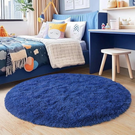 4'x4' Blue Round Rug for Bedroom, Ultra Soft Fluffy Circle Rug for Kids Girls Boys Room, Cute Shag Rugs for Living Room Playroom Teen Room Home Decor Rug