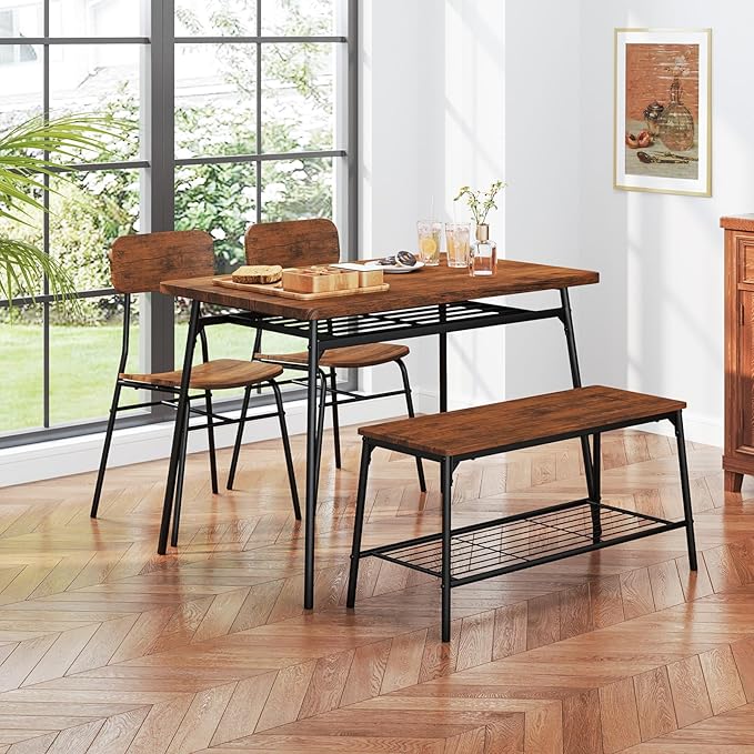 Tangkula Dining Table Set for 4, Square Kitchen Table & Chair Set w/Storage Rack, Metal Frame, Space-Saving Dinette Furniture Set with Bench for Breakfast Nook, Dining Room, Small Places