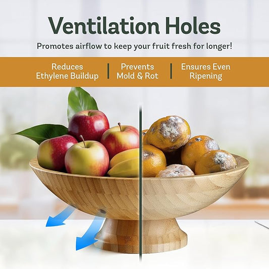 Bambüsi Wooden Fruit Bowl - Large Decorative Pedestal Bowl for Kitchen Counter, Dining Table, and Home Decor - Modern Serving Bowl for Fruits, Salads, Keys, Centerpiece, Entryway