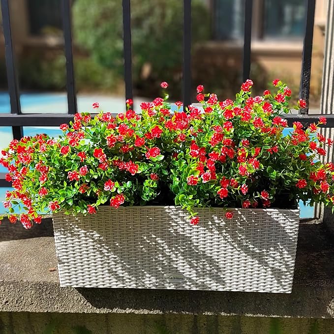 12 Bundles Artificial Flowers for Outdoors, UV Resistant Fake Flowers with Plastic Plants, Faux Flowers for Outside Window Box Front Porch Hanging Planter Decor (Red)