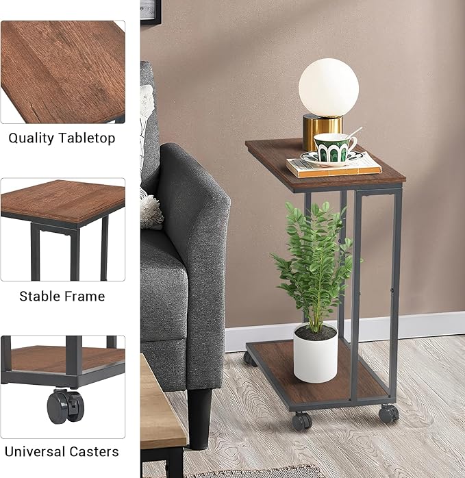 C-Shaped End Table for Couch, Slide Under Sofa Snack Table, Small TV Tray, C Table with Wheels, Laptop Desk for Living Room, Bedroom, Small Spaces,Brown