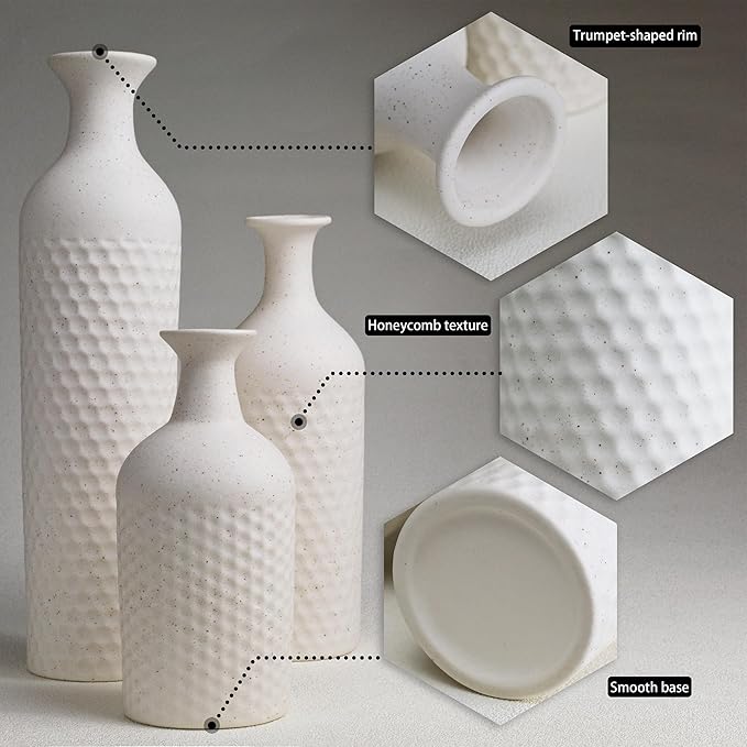 Small White Vases for Home Decor, Decorative Ceramic Vase Set, Matte Finish Honeycomb Texture, Modern Farmhouse Vases for Coffee Table, Bookshelf, Kitchen, Bathroom, Office Desk Decor