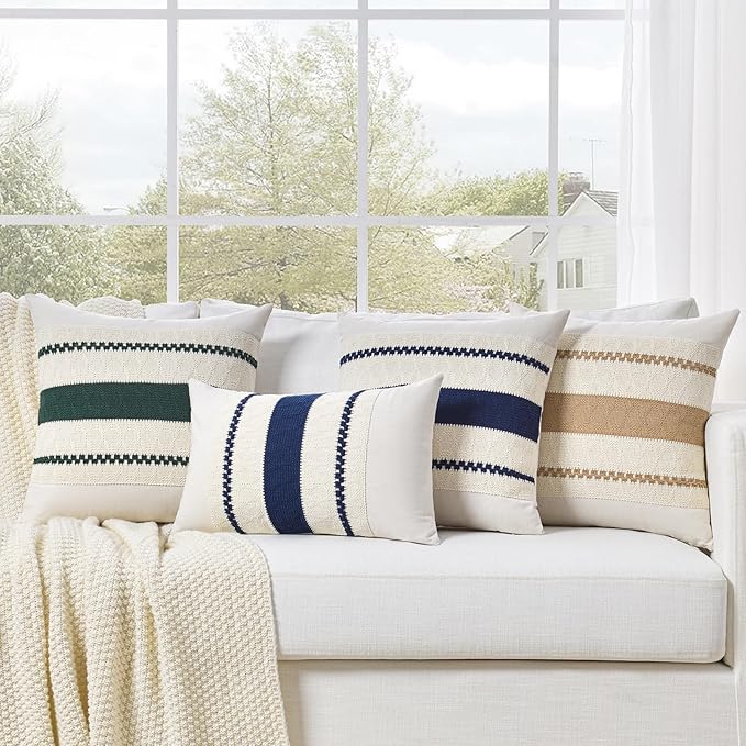 Fancy Homi Set of 2 Tan Neutral Decorative Throw Pillow Cover 16x16 Inch for Couch Bed Sofa, Aesthetic Modern Organic Farmhouse Boho Home Decor, Soft Cotton Cute Accent Macrame Woven Cushion Case