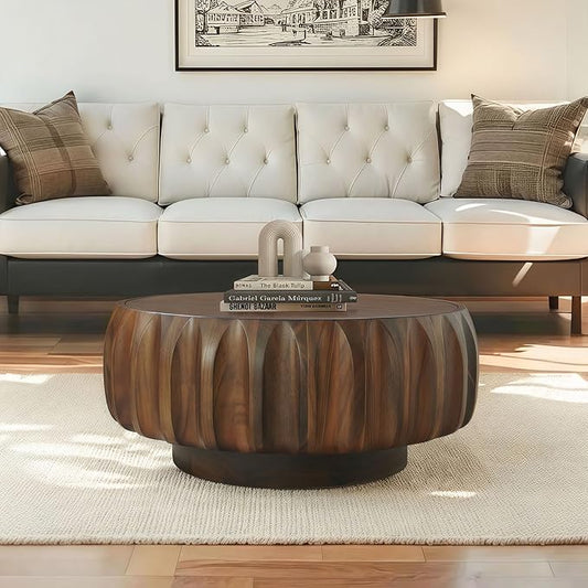 31.5" Walnut Round Solid Wood Carved Coffee Table with Elegant Sculptural Design, Modern Side Table for Living Room, Bedroom, Office