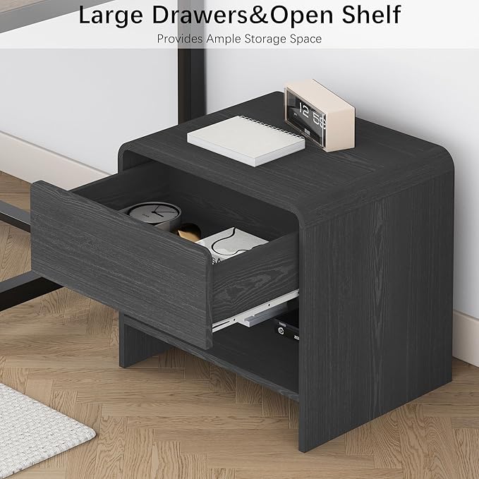 Nightstand with Drawer and Open Shelf, Wood Bedside Table Farmhouse End Table for Bedroom, Boho Night Stand Small Sofa Side Table for Living Room, Black