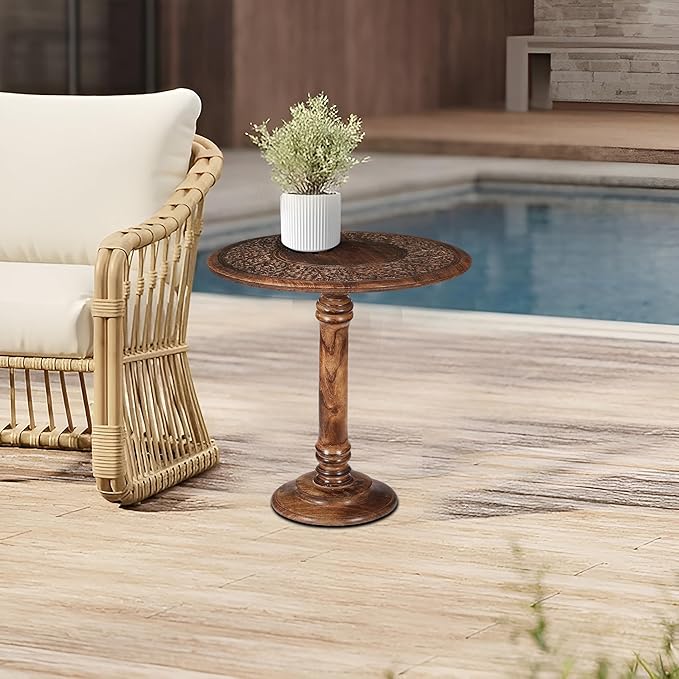 Goroly Home Hand Carved Wooden Pillar Table Pillar, Small End Table Nightstand Bedside Table for Living Room, Magazines, Books & Plants - 18x22 Inch - Antique Burnt