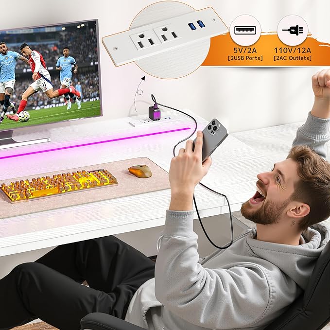 Computer Desk with Printer Shelf & Storage Shelves,56 Inch Gaming Desk with LED Lights & Power Outlet,Office Desk with Headphone Hook,Reversible Corner Desk for Small Space,White