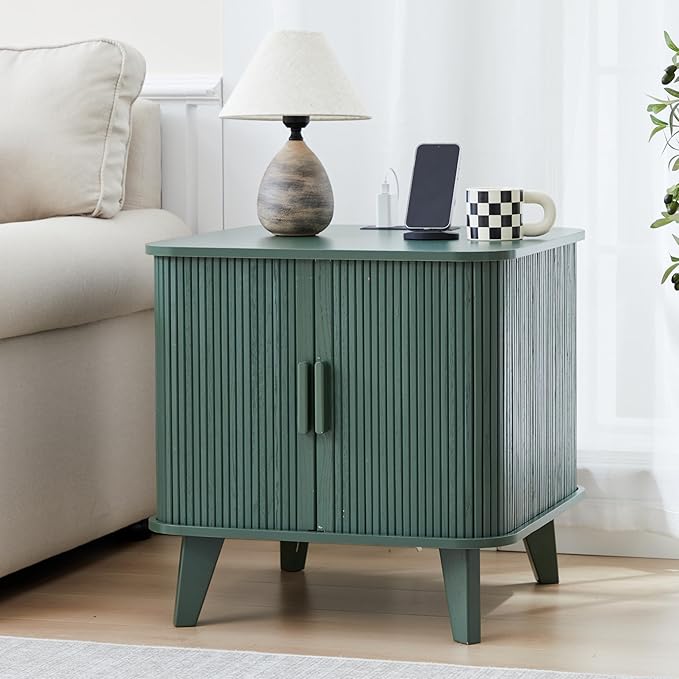 AVZEAR 24" Large Fluted End Table with Charging Station, Farmhouse Sofa Side Table with Sliding Tambour Door & Storage, Curved Rustic Wood Nightstand for Living Room, Bedroom, Green