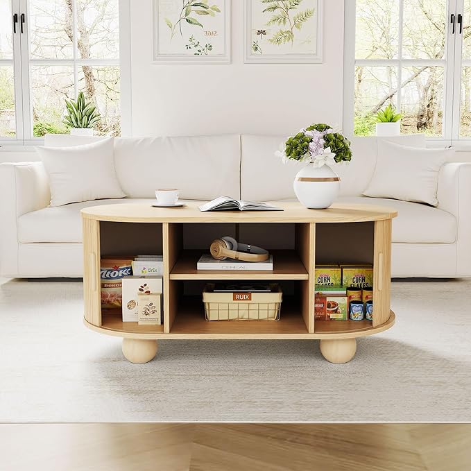 Rectangle Coffee Table, Fluted Coffee Tables for Living Room, Mid-Century Coffee Table Center Table with Storage & Sliding Doors for Apartment, Home Office (Natural)