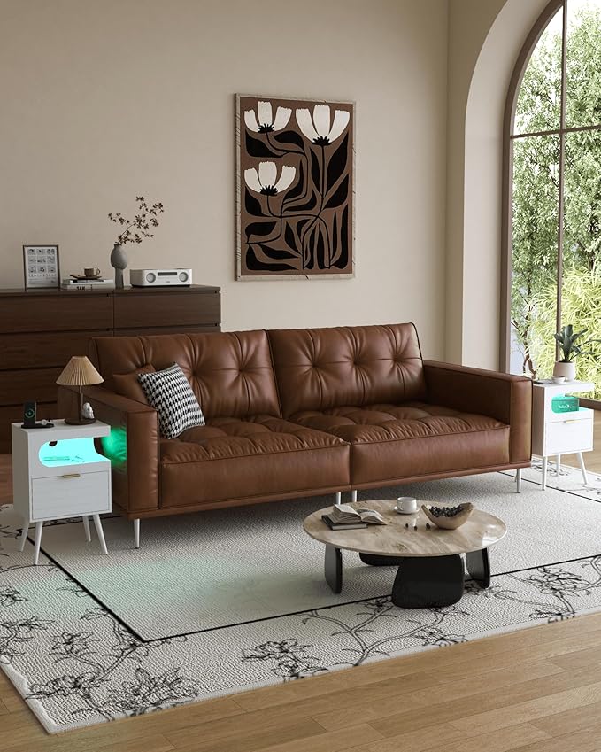 White Nightstand with Charging Station and LED Lights,Modern Bedside Table with Storage Drawer,Night Stand with Solid Wood Legs,White (White-1)