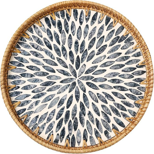 Round Rattan Tray with Mother of Pearl Inlay, Rattan Serving Tray for Coffee, Bread, Fruits, Decorative Wicker Tray for Table Decor, Home Decor, Kitchen Island Decor (Dark Blue Leaf, 11.8")