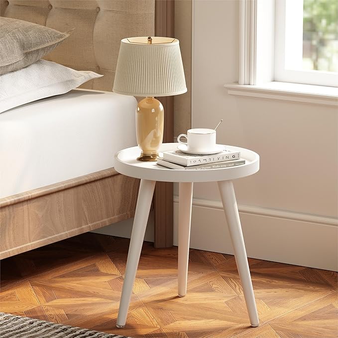 Apicizon Round White Side Table, Tray Nightstand Coffee End Table for Living Room, Bedroom, Small Spaces, Easy Assembly Bedside Table, 15 x 18 Inches