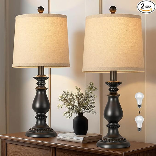 QiMH Farmhouse Table Lamp Set of 2, Rustic Table Lamps for Living Room, Vintage Nightstand Lamp with Rotary Switch, Beside Lamps for Bedroom, Traditional Table Lamps with Linen Shade, Matte Black