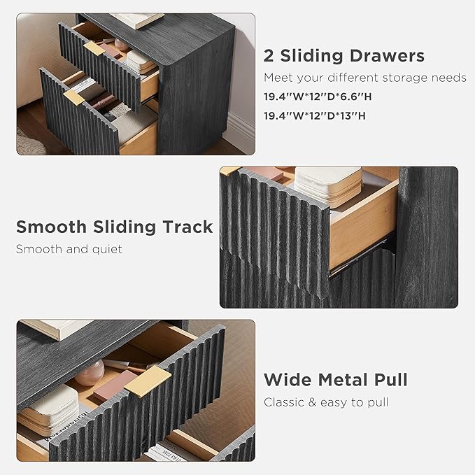 T4TREAM 23'' Fluted Nightstand Set of 2 with Charging Station, Large 2 Drawer Side Table, Modern End Table with Storage, Mid Century Bedside Table for Bedroom, Living Room, Curved Profile, Dark Alder