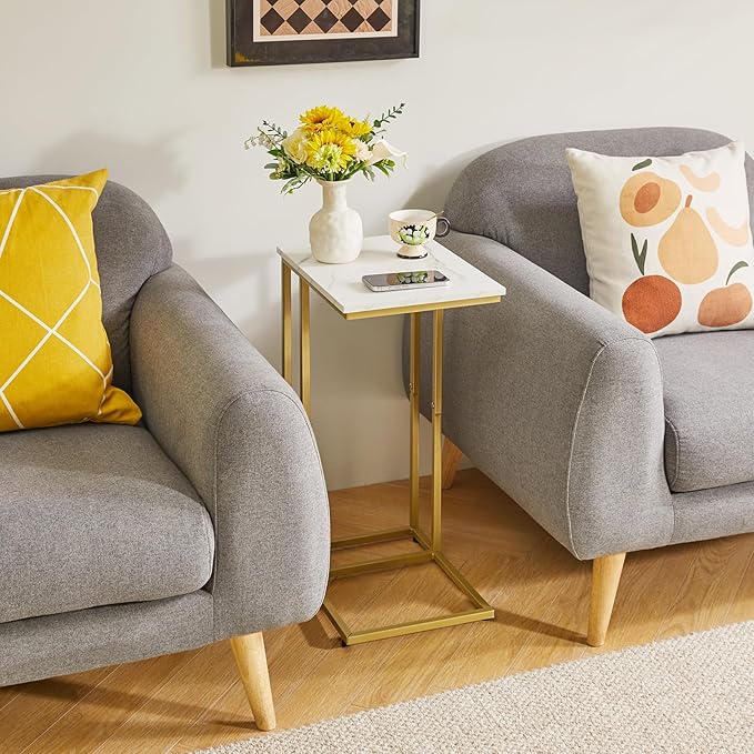 Small Side Tables C Shaped, End Table Set of 2, Small Table Stand for Living Room Bedroom, lLittle Bedside Table Faux Marble+Gold YD-TM051G-2