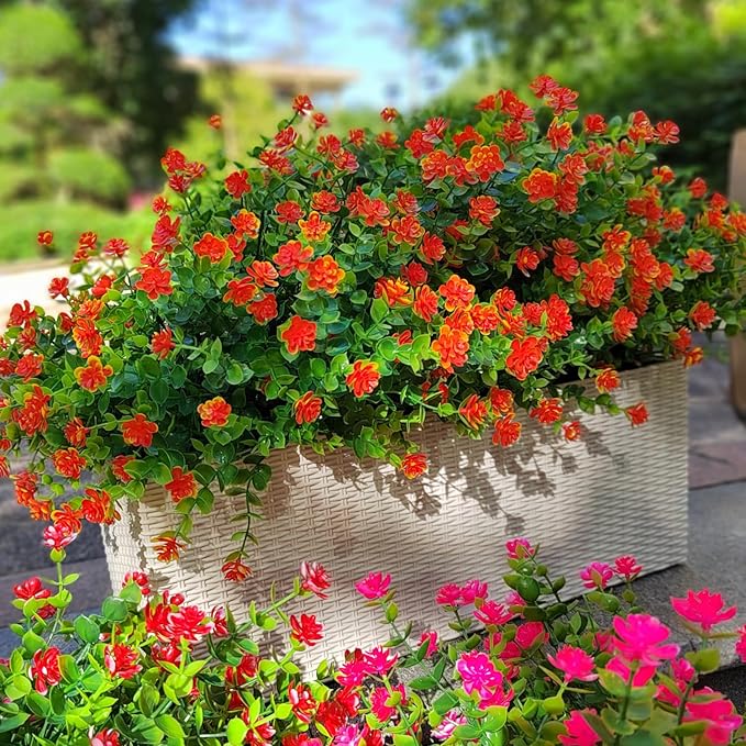 12 Bundles Artificial Flowers for Outdoors, UV Resistant Fake Flowers with Plastic Plants, Faux Flowers for Outside Window Box Front Porch Hanging Planter Decor(Orange Red)