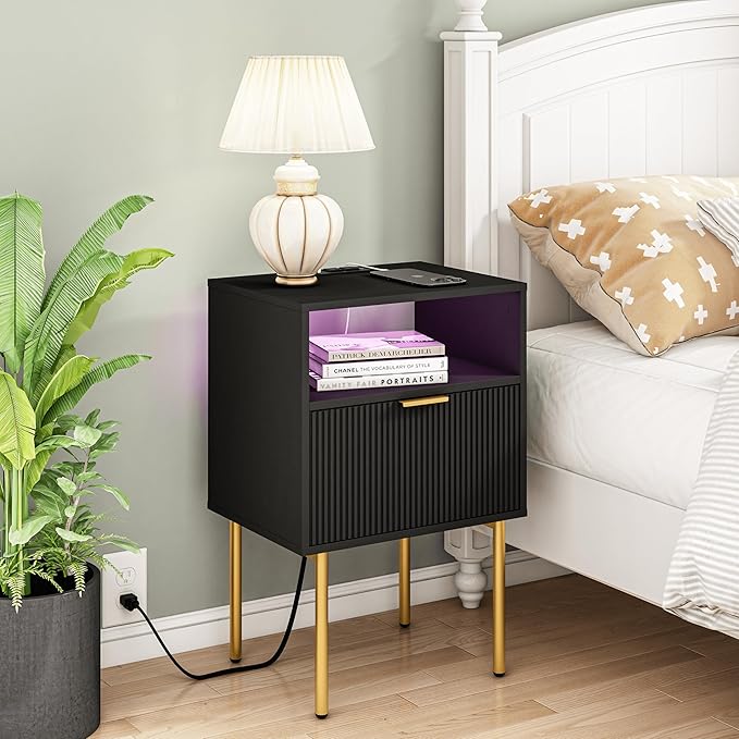 Modern Nightstand with Charging Station and LED Lights, Black Nightstand with Drawer, Fluted Nightstand for Living Room, Bedroom