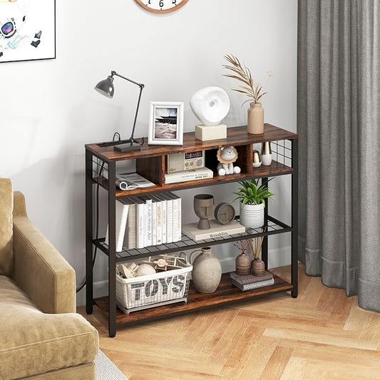 Livofloral Console Tables with Charging Station, 4 Tier Narrow Sofa Tables with Storage Shelves, Entryway Tables with Outlet and USB Ports, Behind Couch Table for Living Room Hallway, Rustic Brown