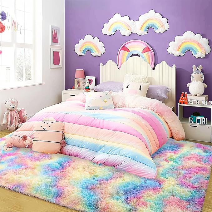 Super Fluffy Rug for Bedroom, 4x6 Shag Fuzzy Area Rug for Living Room Bedroom, Plush Soft Carpet for Girls Boys Kids, Non Slip Throw Rugs for Dorm, Modern Home Decor Aesthetic, Rainbow