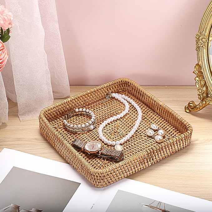 BTSKY Small Remote Basket for Coffee Table Entryway Living Room Rattan Serving Tray 8.1” x 8.1” Handwoven Wicker Baskets Decorative Tray for Wallet Remote Control Trinkets Rings Cosmetics Crackers