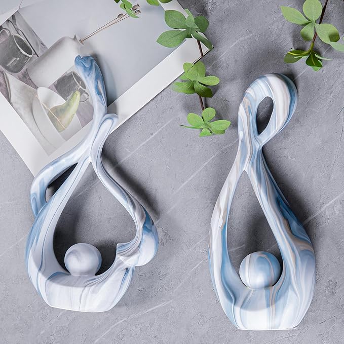 Blue Sculptures Home Decor, Ceramic Statues Coffee Table Decor for Living Room, Table Centerpiece for Dining Room, Shelf, Entry, Modern Minimalist Abstract Art Objects (2pcs)