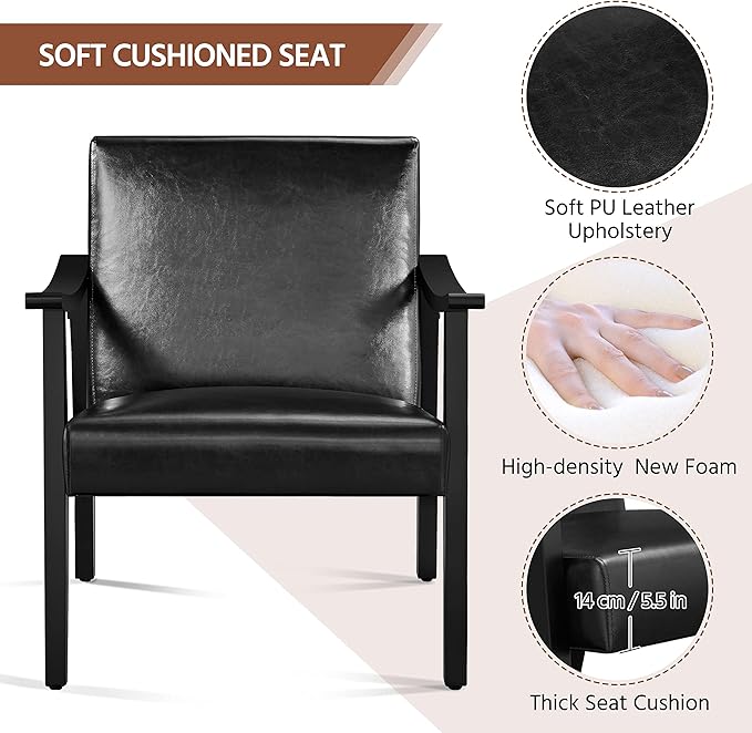 Yaheetech PU Leather Accent Chair, Mid-Century Modern Armchair with Solid Wood Legs, Reading Leisure Chair with High Back for Living Room Bedroom Waiting Room, Black