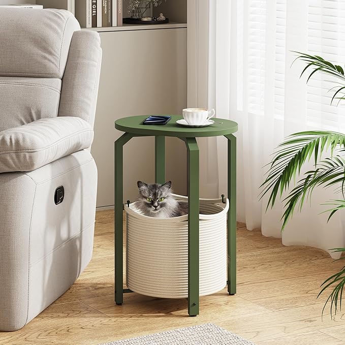 TUTOTAK Small Side Table, Oval End Table, Night Stand, Bedside Table, Sofa Table with Storage Basket, Living Room, Bed Room, Olive Green TB01BOG093