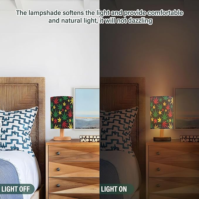 Table Lamp Multicolor Marijuana Cannabis Hemp Leaf Red Yellow Green Color Nightstand Lamp with Wood Base Fabric Lamp Shade Bedside Desk Lamp for Living Room Bedroom Kids Room Office