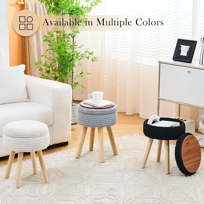 Round Foot Stool Ottoman with Storage Footrest with Wood Legs Cotton Knitted Vanity Stool Tray Top Coffee Table Multifunctional Upholstered Footstool for Living Room Bedroom White