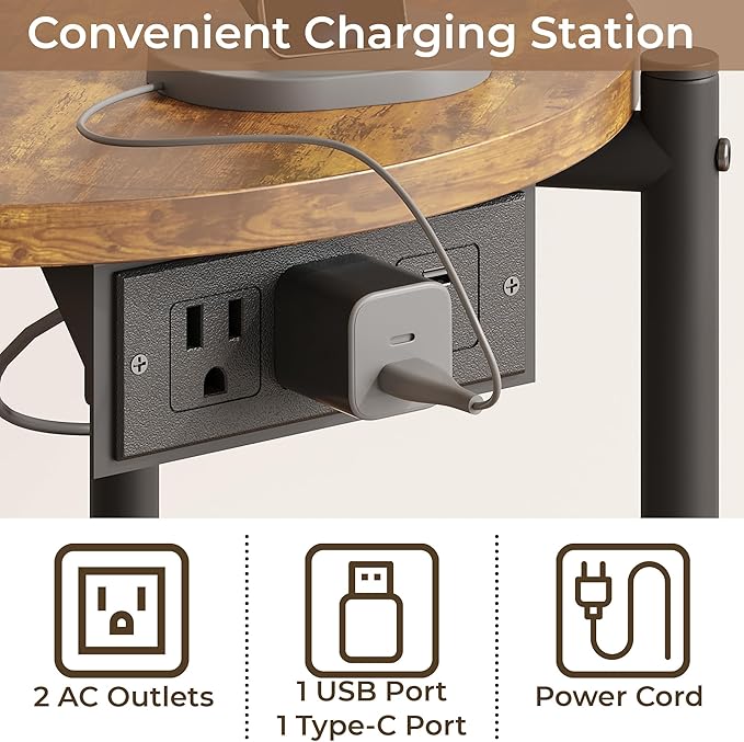 LIKIMIO Round End Tables, Set of 2, 16" W Small Round Side Tables with Charging Station, 2-Tier Modern Nightstands for Small Spaces, Living Room, Bedroom, Rustic Brown