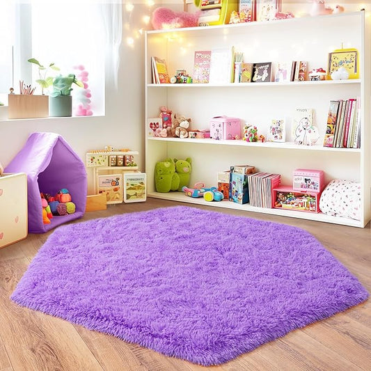 4x4.6 Feet Purple Hexagon Rugs for Bedroom, Ultra Soft Fluffy Hexagon Area Rug for Kids Room, Cute Shag Rugs for Boys Girls Room, Fuzzy Plush Carpet for Tent Castle Home Decor