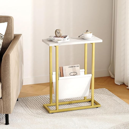 Yusong Narrow Side Table for Small Spaces, Small End Table with Magazine Holder, Skinny Slim Little Thin Table for Living Room, Bedroom, Sofa, White and Gold