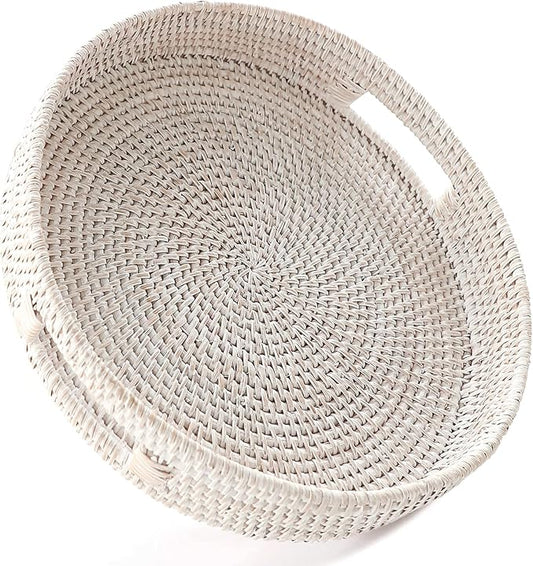 HITOMEN 14.2" Hand-Woven Round Rattan Serving Tray Decorative Ottoman Wicker Platter with Handles for Coffee Table, Breakfast, Drinks, Snack, Bread, Fruit, Vegetables (Whitewash-L)