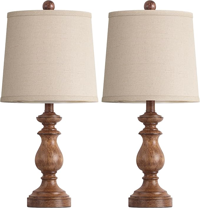 PARTPHONER Traditional Table Lamp Set of 2, Rustic Farmhouse Table Lamps for Living Room Bedroom, 22" Bedside Desk Lamps Vintage Nightstand Lamps with Linen Shades, Wood Grain