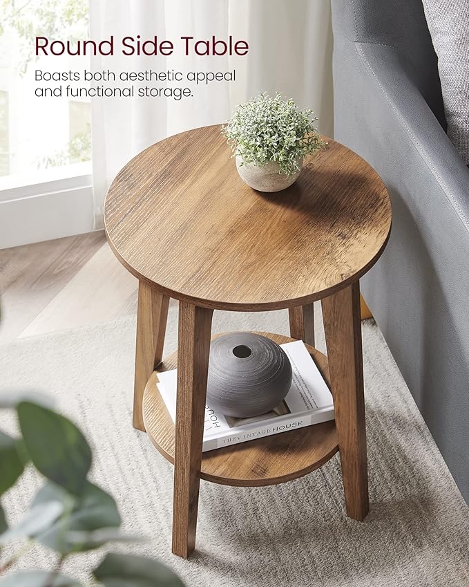 VASAGLE MAEZO Collection - Side Table, 2-Tier Small Round End Table, Nightstand with Tapered Legs, Curved Transitions, for Small Spaces, Living Room, Bedroom, Rustic Walnut ULET283T41