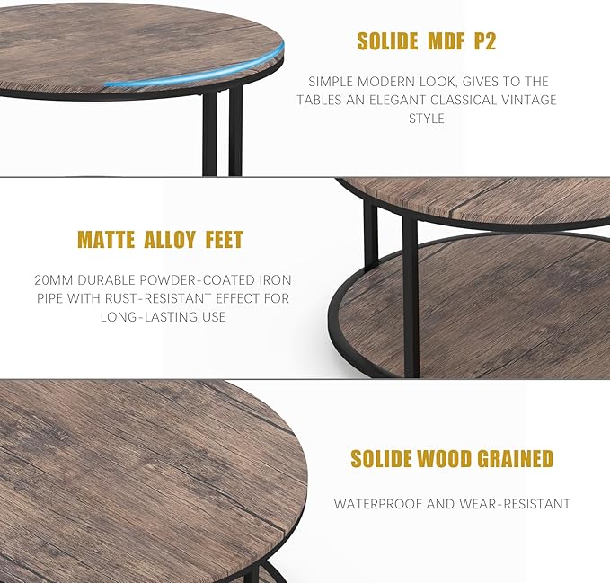 Round Coffee Table, Rustic Wooden Surface Top & Sturdy Metal Legs Industrial Sofa Table for Living Room Modern Design Home Furniture with Storage Open Shelf (Light Walnut, 28 in)