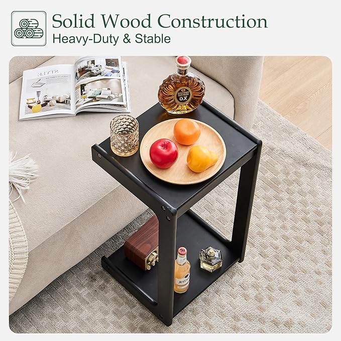 Wood Side Table for Couch - C Shaped Rolling End Table with Wheels, Wooden Modern Small Tv Tray Bedside Tables with Drawer for Sofa Armchair Living Room Bedroom, Black, 13 in x 14.4 in x 26 in