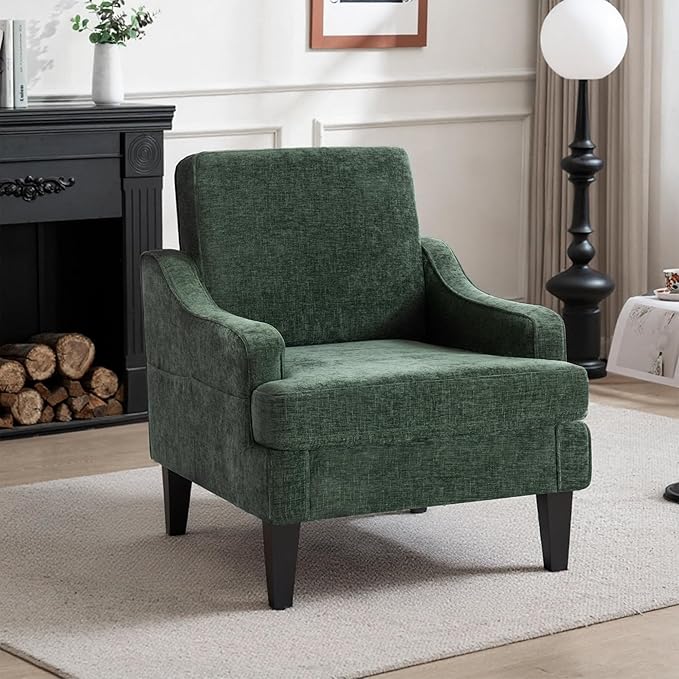 Accent Chair for Living Room,Mid-Century Arm Chair Chenille Living Room Chairs,Upholstered Reading Chair for Bedroom,Single Sofa Chair with Wood Legs for Apartment,Green