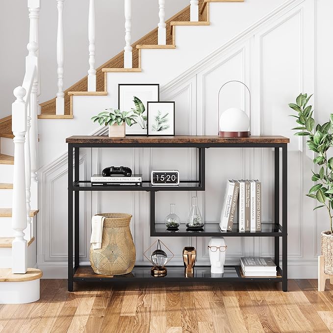 IDEALHOUSE 39.4" Console Table 4-Tier Narrow Entryway Table with Glass Storage Shelf and Metal Frame for Hallway, Living Room, Foyer, Bedroom, Corner Tables, Small Space Furniture, Rustic Brown