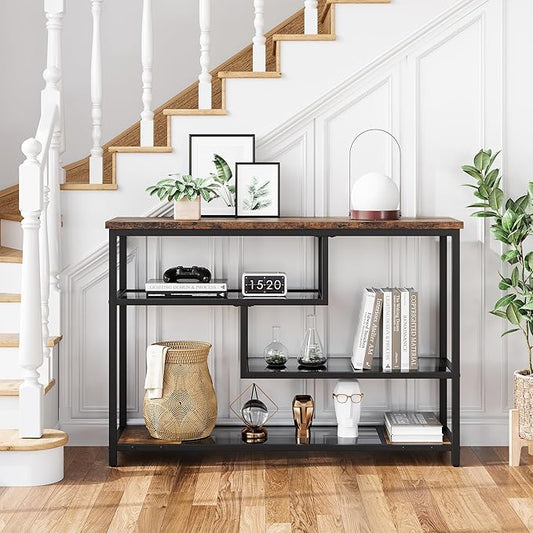 IDEALHOUSE 39.4" Console Table 4-Tier Narrow Entryway Table with Glass Storage Shelf and Metal Frame for Hallway, Living Room, Foyer, Bedroom, Corner Tables, Small Space Furniture, Rustic Brown