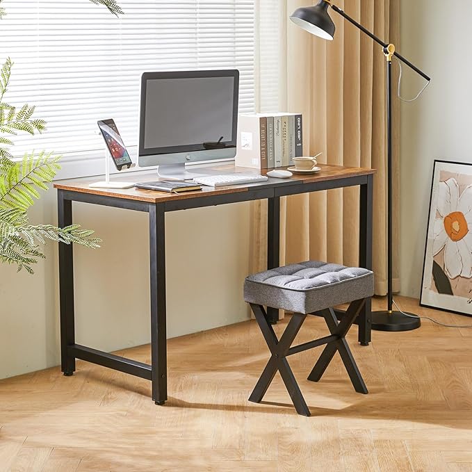 IBUYKE Square Makeup Stool with X-Leg Foot Rest, Linen Footrest, Ottoman Seat, Multi-Use as Small Side Table, for Bedroom, Living Room, Dark Gray LG-70G