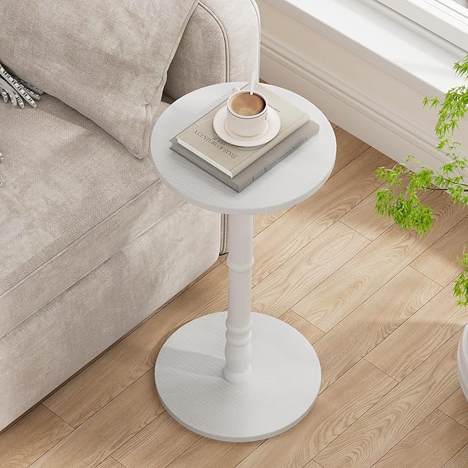 Round Side Table, Solid Wood Pillar with Wood Top & Base, Small Drink Accent Table for Living Room, Bedroom, Sofa & Office, Easy Assembly, White