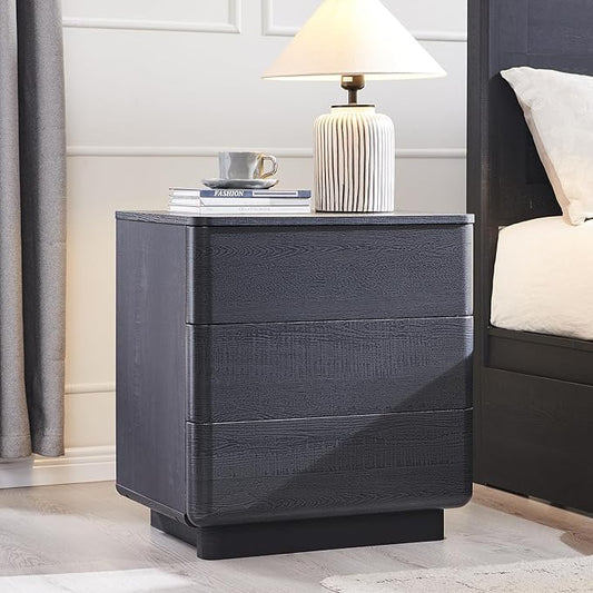 ACCOHOHO 22" Modern Nightstand with Charging Station, Push-to-Open Handleless 3 Drawers Bedside Table, Large End Table with Storage, Night Stand for Bedroom, Living Room, Curved Profile, Black