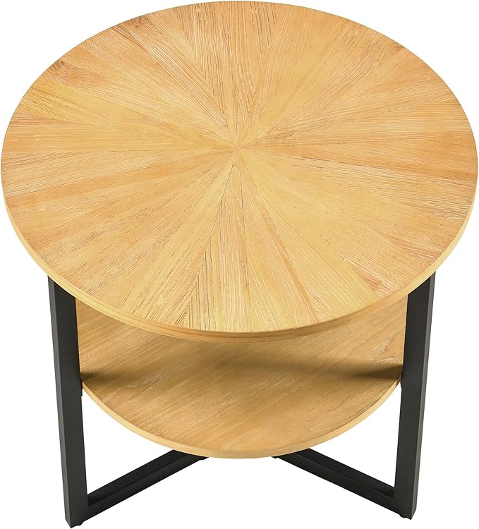 LEEMTORIG Round Side Table, Large End Table Nightstand with Metal Legs, Modern Bedside Table 2-Tier for Living Room, Bedroom, Office, Natural Wood Color/Black, 25.2 x 25.2 x 24 inches CJZ-1338-OA
