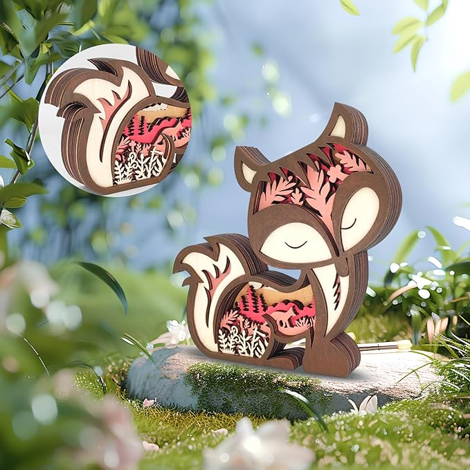 Drawelry 3D Wooden Carving Animals Lamp - Creative Fox Squirrel Wood Carved LED Night Light Garden Yard Wooden Animals Sculpture Ornaments Desktop Home Decor Birthday Gifts for Family Friend (Fox)