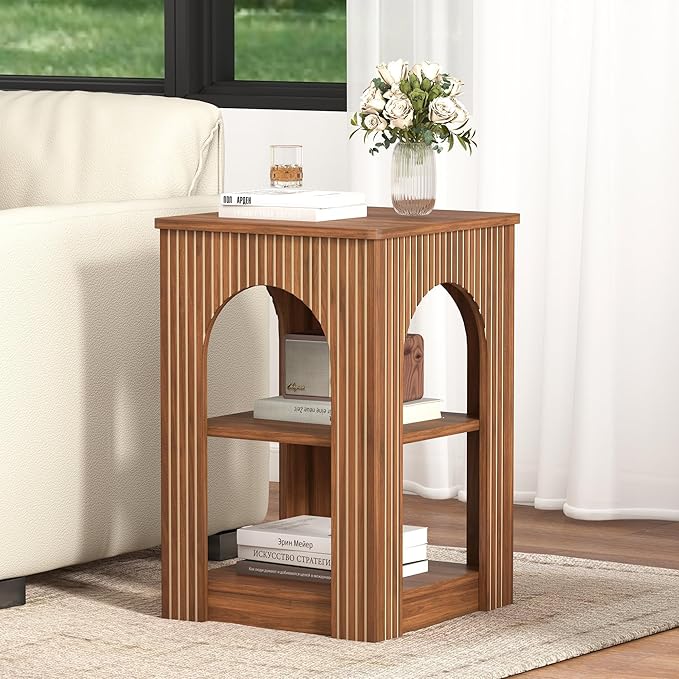 End Table with 3-Tier Storage, Mid-Century Modern Side Table with Arched Carving Lines, Square Fluted Nightstand Accent Table for Living Room, Bedroom, or Office (1, Walnut)